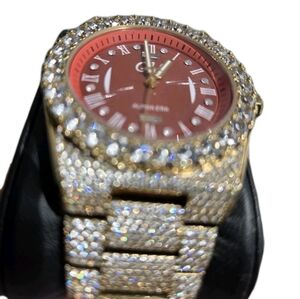 GLD Gold Iced Out 42MM Fully Iced Alpha Era® w/Diamond Prong Link Band /Red Face